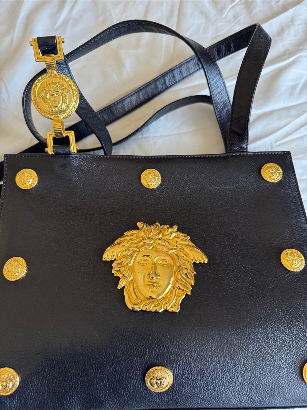 Versace Black Leather Shoulder Bag with Gold Medusa Medallions